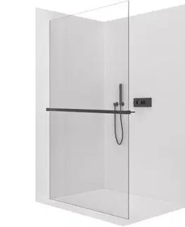 Sprchové dvere CERANO - Sprchová zástena Walk-in Crystal Ľ/P - 10 mm + polička/držiak na uteráky - bezvzperový systém - čierna matná, transparentné sklo - 150x200 CER-8050BD82798