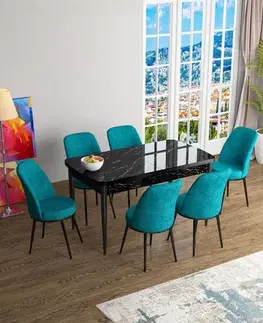 Jedálenské sety Extendable Dining Table & Chairs Set (7 Pieces) Han - Black Marble, Turquoise