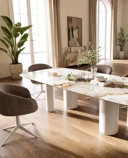 Jedálenské stoly DELIFE Jedálenský stôl Edge zaoblený tvar 260×120 cm keramika Minas Melange bielo-béžová pilier kov biela