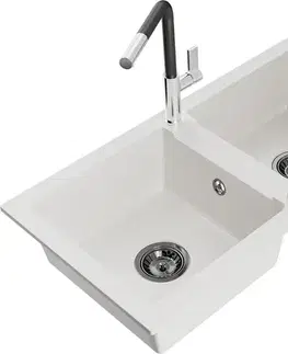 Kuchynské drezy MEXEN/S MEXEN/S - Mario granitový drez 2-bowl vrátane batérie Flora, biela 6504-20-670401-07-B