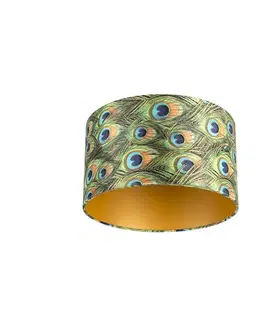 Tienidlo na lampu Zamatový tienidlo s motívom páva 35/35/20 so zlatým vnútrom