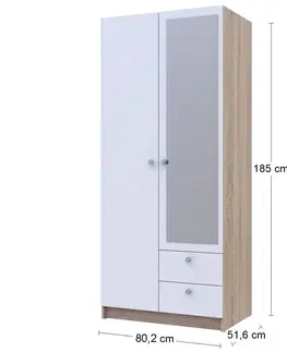 Šatníkové skrine NABBI Rivalda dvojdverová šatníková skriňa so zrkadlom dub sonoma / biela