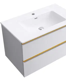 Kúpeľňový nábytok CERANO - Kúpeľňová skrinka Velora - biela matná, úchytka zlatá + keramické umývadlo Novo - biela lesklá - 81x54,5x46,5 CER-979886