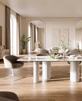 Jedálenské stoly DELIFE Jedálenský stôl Edge zaoblený tvar 260×120 cm keramika Minas Melange bielo-béžová pilier kov biela