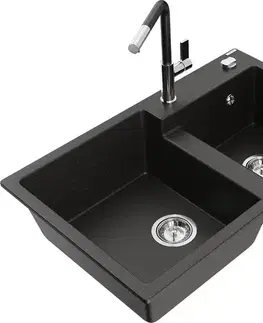 Kuchynské drezy MEXEN/S MEXEN/S - Tomas granitový drez 2-bowl vrátane batérie Flora, čierna/zlatá metalik 6516-75-670401-07