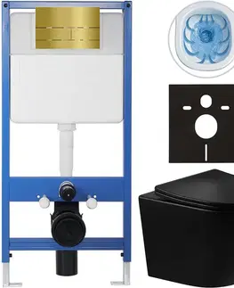 Záchody CERANO - Kompletný WC set Profi/Cesso - čierna lesklá - WC tlačidlo Line/Zlatá - predstenová inštalácia - 49x36 CER-8050BD84261