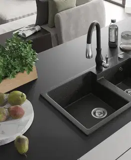 Kuchynské drezy MEXEN/S MEXEN/S - Tomas granitový drez 2-bowl vrátane batérie Savita, čierna/zlatá metalik 6516-75-672601-70