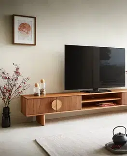 Televízne stolíky DELIFE TV stolík Surimu 240 cm akácia svetlohnedá 4 dvierka 2 priehradky korková rukoväť drevené nohy