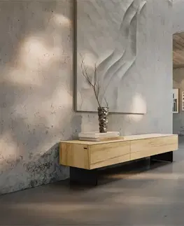 Televízne stolíky DELIFE TV stolík Cuor 150 cm keramika Laminam® Sabbia dubová farba 1 výklopné dvierka 1 zásuvka podstava závesná kov čierna