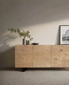 Komody DELIFE Komoda Ashara 200 cm dub prírodná 3D efekt 4 dvierka kovová podstava čierna