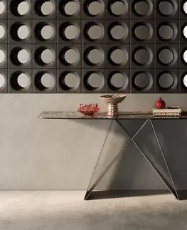 Konzolové stolíky DELIFE Konzolový stolík Edge zaoblený 180×40 cm keramika Emperador Extra Lucidato tmavohnedá Velio kov titánová farba