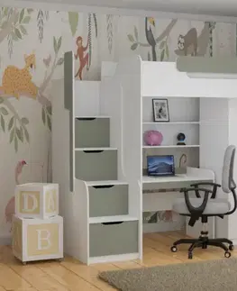 Postele ArtBed Multifunkčná vyvýšená posteľ so skriňou a stolíkom DORIAN I Farba: Biela / eukalyptus