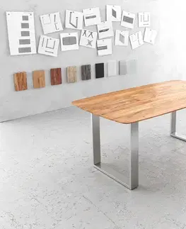 Jedálenské stoly DELIFE Jedálenský stôl Edge oválny 180x90 akácia prírodná nerezová oceľ úzky švajčiarska hrana