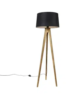 Stojace lampy Rustikálny trojnohý vintage drevený s tienidlom z ľanu čierny 45 cm - Tripod Classic