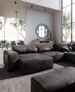Sedacie súpravy XL DELIFE Pohovka v tvare "U" Sirpio 300x210 cm imitácia kože vintage antracitová ležadlo variabilné s taburetom