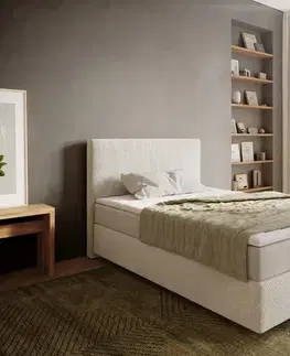 Postele Boxspring DELIFE Boxspring posteľ Dream-Well 120x200 cm bouclé krémovo biela s vreckovou pružinovou matracou a topperom visco