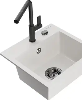 Kuchynské drezy MEXEN/S MEXEN/S - Milo granitový drez 1-miska vrátane batérie Flora, biela 6505-20-670401-70-B