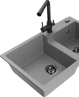 Kuchynské drezy MEXEN/S MEXEN/S - Tomas granitový drez 2-bowl vrátane batérie Duero, šedá 6516-71-671600-70-B