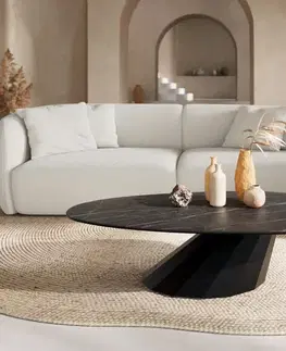 Konferenčné stolíky DELIFE Konferenčný stolík Edge oválny 140x75 cm keramika Laminam® Noir Desir hnedá Parabi kov čierna