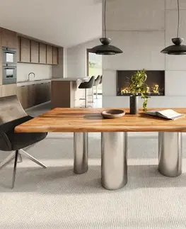 Jedálenské stoly DELIFE Jedálenský stôl Edge 240x100 akácia prírodná pilier nerezová oceľ kefovaný Live-Edge