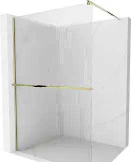 Sprchové dvere MEXEN/S - Kioto+ Sprchová zástena WALK-IN s poličkou a držiakom uterákov 70 x 200, prúžky 8 mm, zlatá 800-070-121-50-09