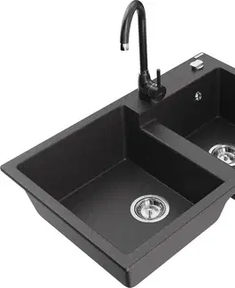 Kuchynské drezy MEXEN/S MEXEN/S - Tomas granitový drez 2-bowl vrátane batérie Telma, čierna kropenatá 6516-76-670200-76