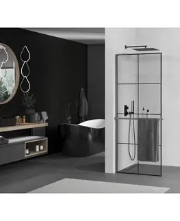 Sprchové dvere MEXEN/S - Kioto+ L Sprchová zástena WALK-IN s poličkou a držiakom uterákov 80 x 200, čierny vzor, grafit metal 800-080-123-95-77