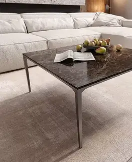 Konferenčné stolíky DELIFE Konferenčný stolík Levente 85x85 cm keramika Laminam® Emperador Extra Lucidato tmavohnedá podstava nerezová oceľ strieborná