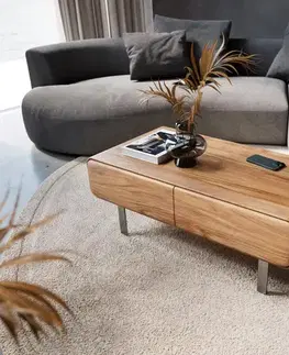 Konferenčné stolíky DELIFE Konferenčný stolík Anaya 100x50 cm akácia prírodná 2 zásuvky podstava v tvare L nerezová oceľ
