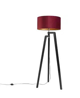 Stojace lampy Stojaca lampa trojnožka čierna s červeným tienidlom a zlatom 50 cm - Puros