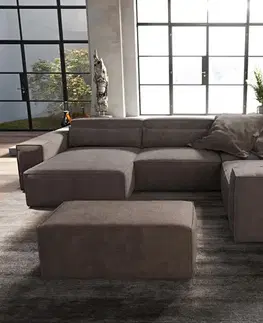 Sedacie súpravy XL DELIFE Pohovka v tvare "U" Sirpio 300x210 cm mikrovlákno khaki-hnedá ležadlo variabilné s taburetom