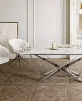 Jedálenské stoly DELIFE Jedálenský stôl Edge zaoblený tvar 200x100 keramika Calacatta Luxe bielo-zlato-šedá spider plochá oceľ nerezová oceľ