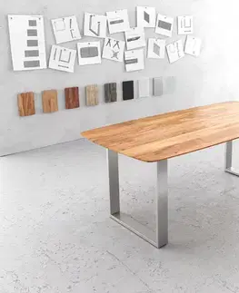 Jedálenské stoly DELIFE Jedálenský stôl Edge oválny 200x100 akácia prírodná nerezová oceľ úzky švajčiarska hrana