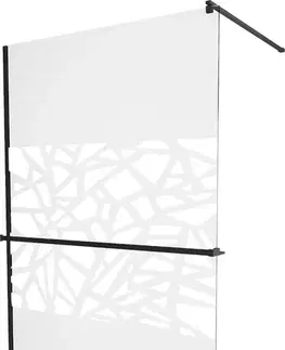 Sprchové dvere MEXEN/S - KIOTO Sprchová zástena WALK-IN s poličkou a držiakom uterákov 90 x 200, transparent/biely dekor 8 mm, čierna 800-090-121-70-85