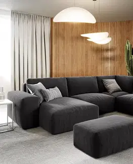Sedacie súpravy XL DELIFE Pohovka v tvare U Lanzo 300x210 cm mikrovlákno čierna ležadlo variabilné s taburetom