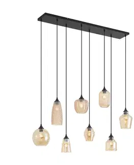 Závesné svietidlá Art Deco závesná lampa čierna s jantárovým sklom 8-Lights - Hanne