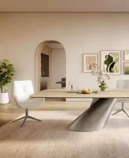 Jedálenské stoly DELIFE Jedálenský stôl Edge zaoblený 240×120 cm keramika Laminam® Sabbia dubová farba kužeľ metalická strieborná