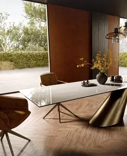 Jedálenské stoly DELIFE Jedálenský stôl Edge 300×100 cm keramika onyx šampanské kužeľ metalická zlatá