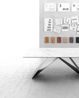 Jedálenské stoly DELIFE Jedálenský stôl Edge 200x100 cm keramika Laminam® Statuarietto biela podstava v tvare V čierna