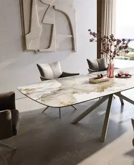 Jedálenské stoly DELIFE Jedálenský stôl Edge zaoblený tvar 300×120 cm keramika Minas Melange bielo-béžová krížová podstava hranatý titánová farba