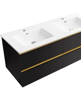 Kúpeľňový nábytok CERANO - Kúpeľňová skrinka Velora - čierna matná, úchytka zlatá + keramické umývadlo Novo - biela lesklá - 121x54,5x46,5 CER-979898
