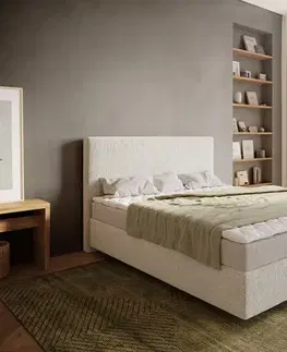 Postele Boxspring DELIFE Boxspring posteľ Dream-Well 160×200 cm bouclé krémovo biela s matracom a topperom