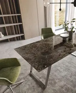 Jedálenské stoly DELIFE Jedálenský stôl Edge 200x100 keramika Laminam® Emperador Extra Lucidato tmavohnedá nerezová oceľ skosený