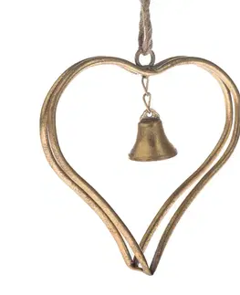 Vianočné dekorácie Kovové závesné srdce so zvončekom Christmas Gold, 16,5 cm