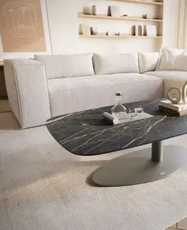 Konferenčné stolíky DELIFE Konferenčný stolík Edge zaoblený tvar 120x70 cm keramika Laminam® Noir Desir hnedý Vibany kov efektový povrch titánová farba