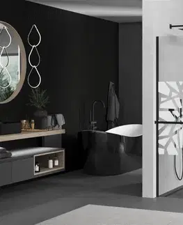 Sprchové dvere MEXEN/S - KIOTO Sprchová zástena WALK-IN s poličkou a držiakom uterákov 70 x 200, transparent/biely dekor 8 mm, čierna 800-070-121-70-85
