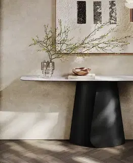 Konzolové stolíky DELIFE Konzolový stolík Edge zaoblený 180×40 cm keramika Laminam® Statuarietto biela Livos kov čierna