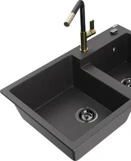 Kuchynské drezy MEXEN/S MEXEN/S - Tomas granitový drez 2-bowl vrátane batérie Flora, čierna kropenatá 6516-76-670401-57-B