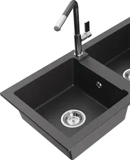 Kuchynské drezy MEXEN/S MEXEN/S - Mario granitový drez 2-bowl vrátane batérie Flora, čierna kropenatá 6504-76-670401-08