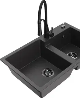 Kuchynské drezy MEXEN/S MEXEN/S - Tomas granitový drez 2-bowl vrátane batérie Aster, čierna kropenatá 6516-76-73450-70-B